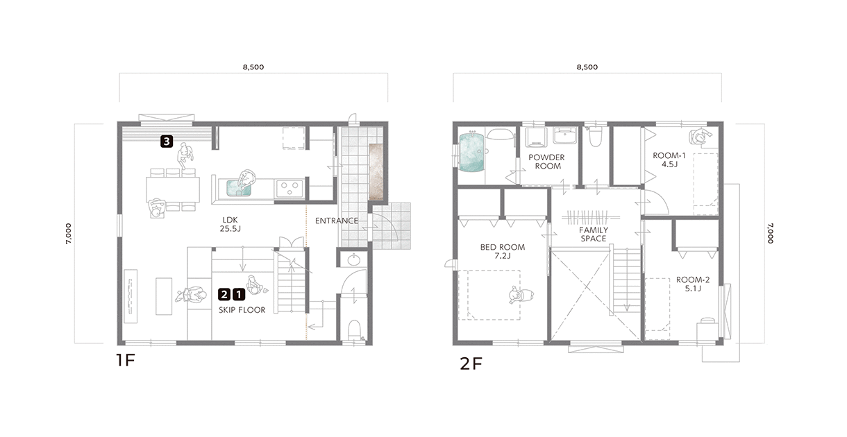 家族が自然と集まるスキップフロアのある家