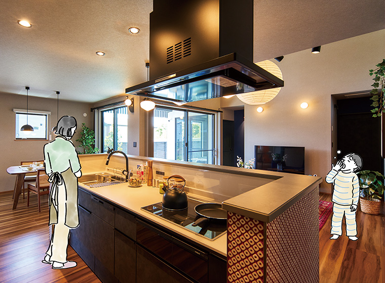 キッチンが家の中心にあるワンフロアの生活